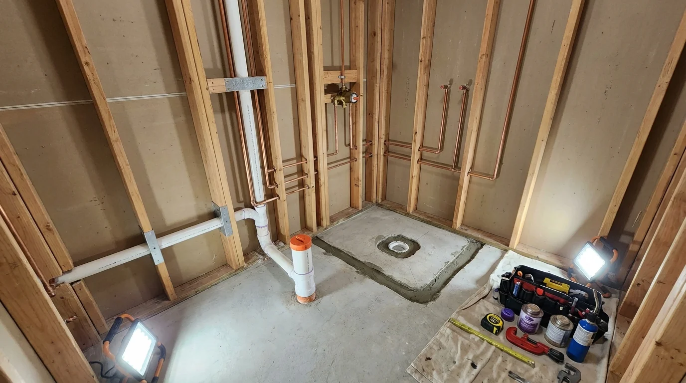 Bathroom rough-in plumbing during remodel by Johns Plumbing LLC in Hayesville