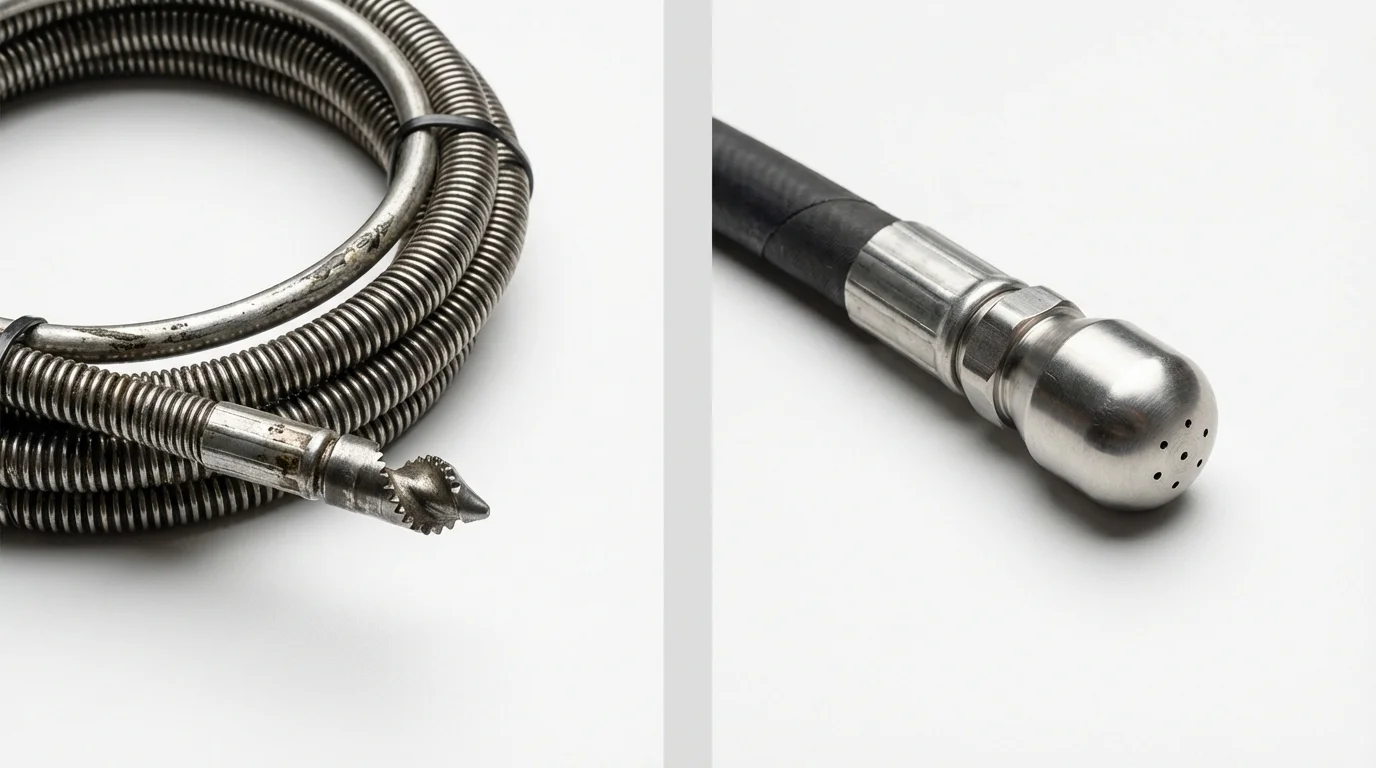 Drain snake cable and hydro jetting nozzle used for drain cleaning in Hayesville, NC