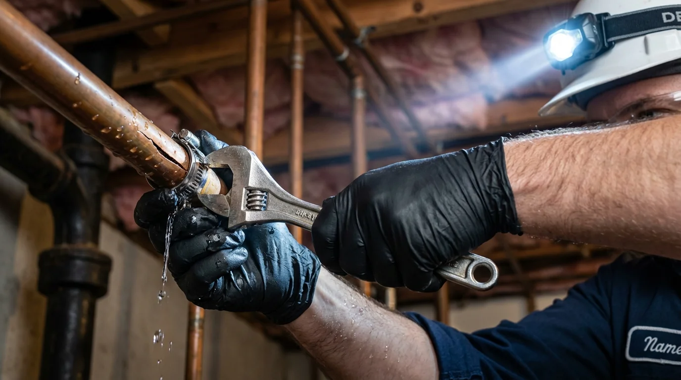 Emergency pipe clamp repair being performed by a Johns Plumbing LLC plumber in Hayesville