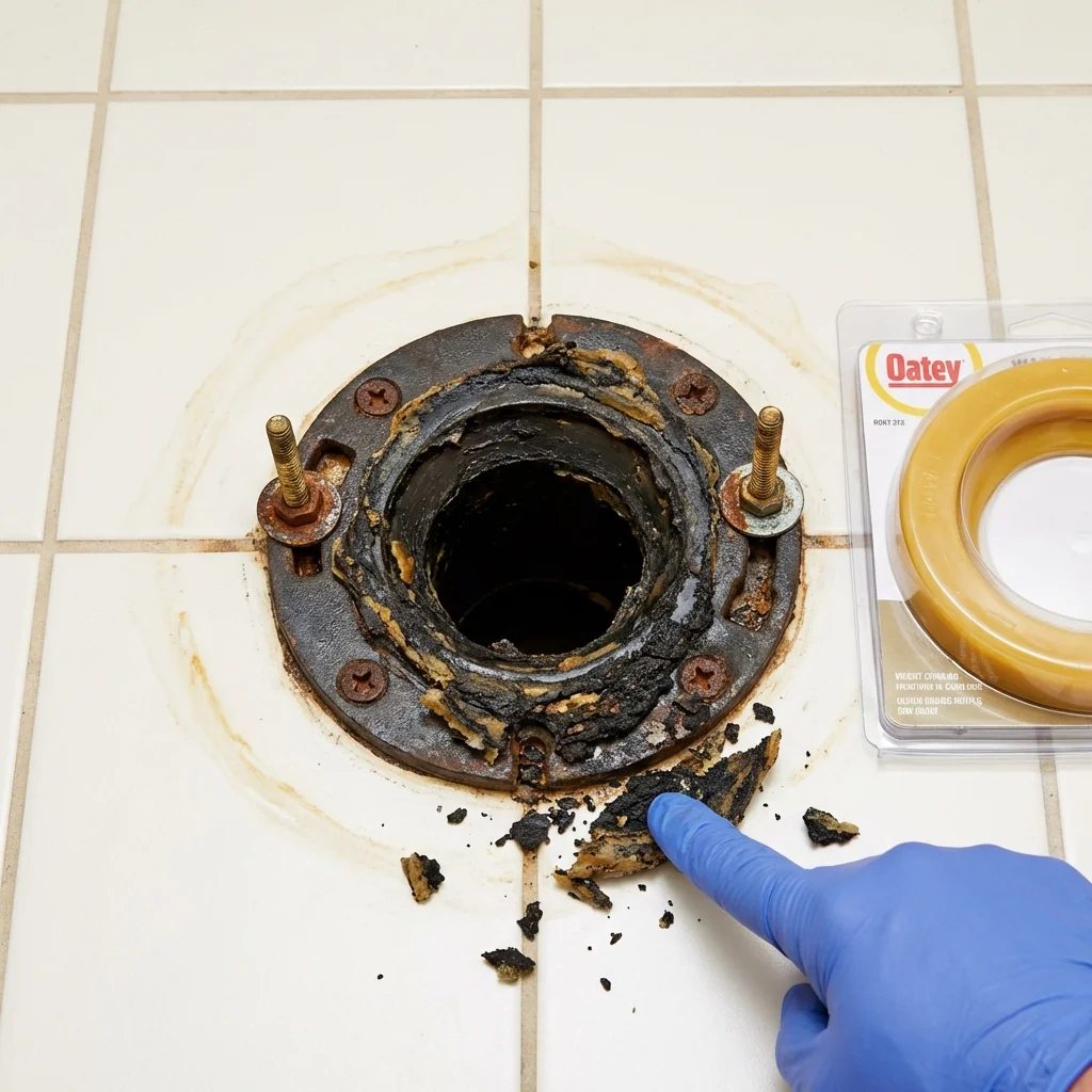 Failed wax ring showing water seepage at the base of a toilet in a Hayesville, NC home