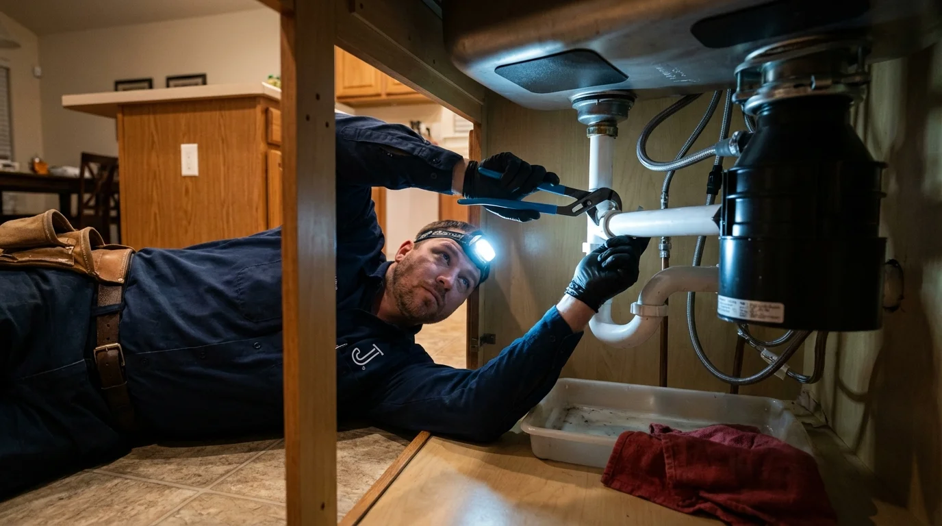 P-trap and supply line connections under a kitchen sink showing a common leak point in Hayesville, NC